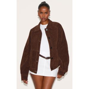 Veste oversize en suédine marron foncé, Marron foncé - Taille XS