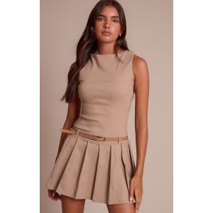 Femme Robe droite tiss&eacute;e stretch gris pierre finement ray&eacute;e &agrave; col bateau et ceinture | Taille 40 - Taille 40