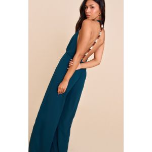 Combinaison en mousseline de soie bleu sarcelle à col bénitier et perles, Bleu Sarcelle - Taille 44