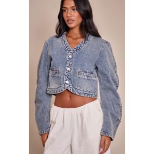 Femme Tall Veste courte en jean vintage &agrave; col en V et ourlet incurv&eacute; Vintage d&eacute;lav&eacute; | Taille 36 - Taille 36