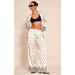 Pantalon large à cordon de serrage et imprimé cachemire crème, Crème - Taille 42