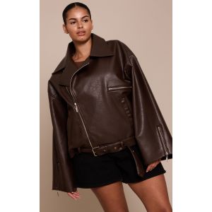Femme Plus Veste motard oversize en PU marron | Taille 52 - Taille 52