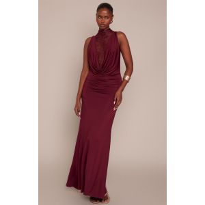 Femme Robe longue douce bordeaux &agrave; col b&eacute;nitier et partie en dentelle | Taille 42 - Taille 42
