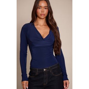 Femme Body moulant doubl&eacute; bleu marine &agrave; col b&eacute;nitier et manches longues | Taille 40 - Taille 40