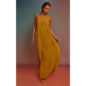 Robe de plage trapèze longue en mousseline de soie moutarde à col bateau, Moutarde - Taille XS