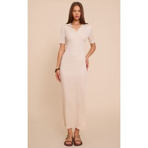 Robe longue texturée crème à col replié et mancherons, Crème - Taille 36
