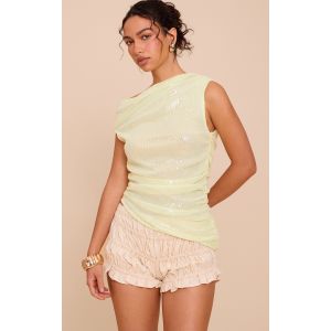 Femme Top long jaune citron froncé drapé à sequins Citron vert pâle | Taille 32 - Taille 32