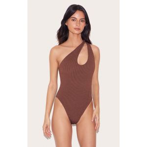 Femme Maillot de bain asym&eacute;trique cr&ecirc;p&eacute; marron chocolat &agrave; d&eacute;coupe | Taille 32 - Taille 32