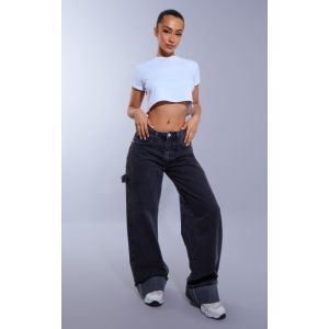 Femme Petite Jean large noir d&eacute;lav&eacute; &agrave; d&eacute;tail bretelles | Taille 34 - Taille 34