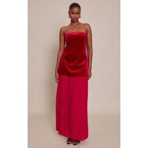 Femme Robe bustier longue en velours rouge vin &agrave; partie jupe en mousseline de soie pliss&eacute;e | Taille 34 - Taille 34