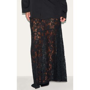 Plus Jupe longue en dentelle noire fleurie transparente, Noir - Taille 44