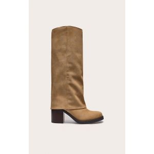Bottes en PU effet nubuck camel repliées à petit talon carré et bout rond, Taupe - Taille 40