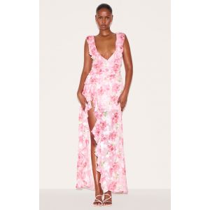 Femme Robe longue en mousseline de soie rose fleurie &agrave; bretelles fines et d&eacute;collet&eacute; | Taille 44 - Taille 44
