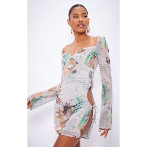 Robe droite en mousseline de soie gris pierre imprimé à découpes, Gris Pierre - Taille 40