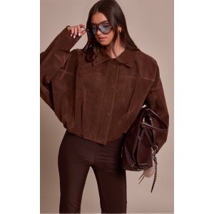 Femme Veste bomber en su&eacute;dine chocolat &agrave; boutons cach&eacute;s | Taille 44 - Taille 44