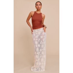 Jupe longue beige transparente à fleurs, Beige - Taille 38