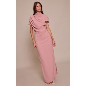 Femme Robe longue textur&eacute;e rose p&acirc;le pliss&eacute;e &agrave; col montant | Taille 42 - Taille 42