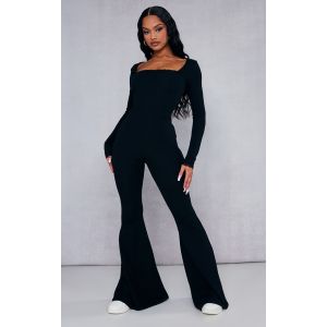 Femme Combinaison flare côtelée noire à manches longues et bordures en dentelle | Taille 36 - Taille 36