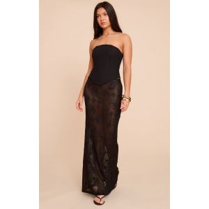 Jupe longue noire transparente à fleurs, Noir - Taille 34