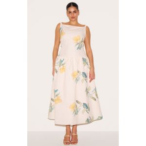 Plus Robe mi-longue jaune fleurie à taille tombante, Jaune - Taille 44