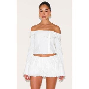 Femme Chemise en effet lin mélangé blanc à col bardot et boutons | Taille 34 - Taille 34