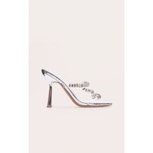 Mules carrées pointure large en PU argenté métallique à brides strassées et talon, Argenté - Taille 36