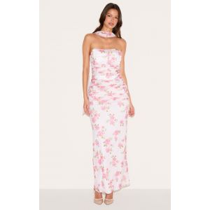 Robe longue rose fleurie froncée à détail foulard, Rose - Taille 34