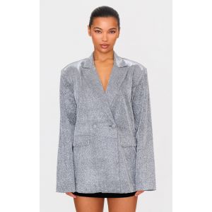 Blazer oversize argenté pailleté à épaules carrées et ourlet incurvé, Argenté - Taille 38
