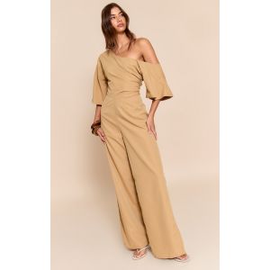 Femme Combinaison large asym&eacute;trique tiss&eacute;e camel &agrave; manches courtes | Taille 32 - Taille 32