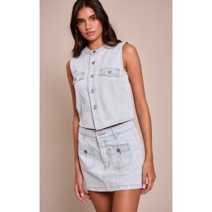 Mini-jupe en jean bleu clair à taille mi-haute, Bleu Clair - Taille 32