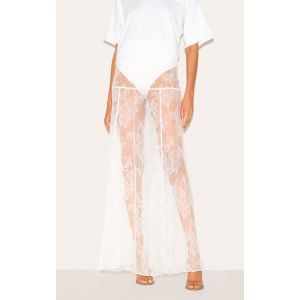 Jupe longue en dentelle blanche fleurie transparente à culotte intégrée, Blanc - Taille 32