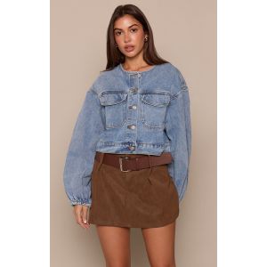 Femme Veste courte en jean bleu moyen d&eacute;lav&eacute; &agrave; col rond | Taille 42 - Taille 42