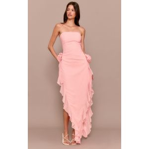 Robe bustier mi-longue rose pâle fleurie à volants et détail corsage, Blush - Taille 44