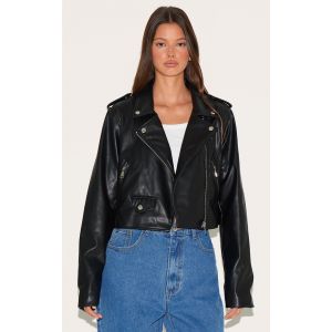 Femme Veste de motard basique en PU noir à détails poches | Taille 42 - Taille 42
