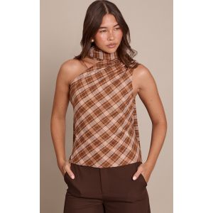 Femme Top asym&eacute;trique marron &agrave; carreaux et d&eacute;tail foulard | Taille 34 - Taille 34