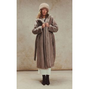 Femme Manteau long en fausse fourrure grise à col entonnoir | Taille Medium - Taille M