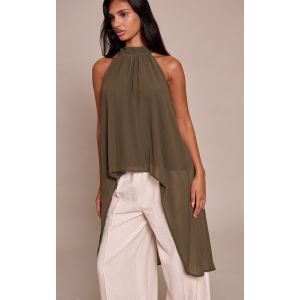 Femme Top Kaki en mousseline de soie à col montant et longueur extrême | Taille 34 - Taille 34