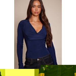 Femme Body moulant doubl&eacute; bleu marine &agrave; col b&eacute;nitier et manches longues | Taille 32 - Taille 32