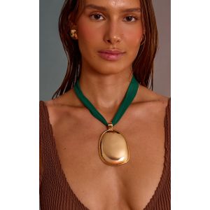 Collier en ruban vert à pendentif doré, Vert - Taille One Size