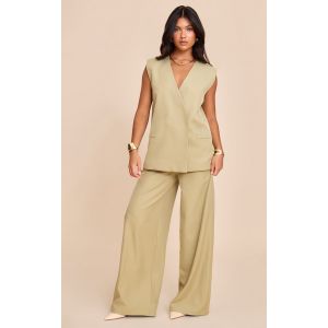 Femme Pantalon tr&egrave;s large tiss&eacute; vert sauge kaki pliss&eacute; &agrave; taille mi-haute | Taille 34 - Taille 34