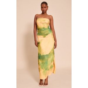 Robe bustier longue verte imprimé abstrait froncée, Vert - Taille 34