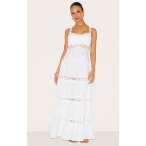 Petite Robe longue blanche à étages et détails en dentelle, Blanc - Taille 40