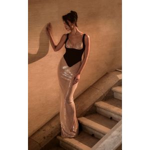 Femme PLT Label Robe longue nude &agrave; sequins et partie corset en velours contrastante | Taille 42 - Taille 42