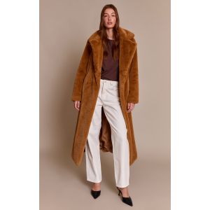 Femme Manteau long en fausse fourrure camel à taille nouée | Taille XS - Taille XS