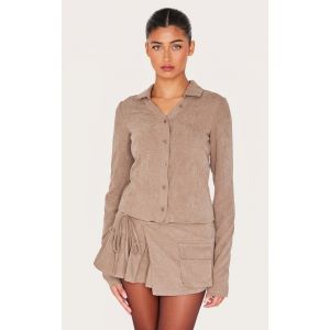 Chemise style cargo en peau de pêche taupe à fines rayures et manches longues, Taupe - Taille 44