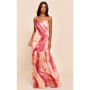 Petite Robe en mousseline de soie imprimée rose à bretelles fines et ourlet volanté, Rose - Taille 30