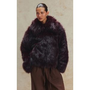 Femme Manteau en fausse fourrure rouge cerise &agrave; col oversize | Taille Medium - Taille M