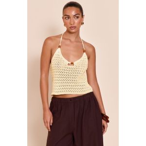 Femme Top en maille style crochet jaune citron à dos nu et perles | Taille Small - Taille S