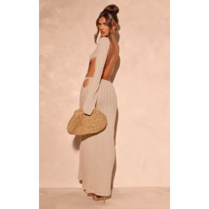Robe longue taupe en maille tricot à dos tombant, Taupe - Taille 42