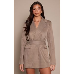 Femme Robe blazer de tailleur caf&eacute; au lait &agrave; ceinture superpos&eacute;e | Taille 32 - Taille 32